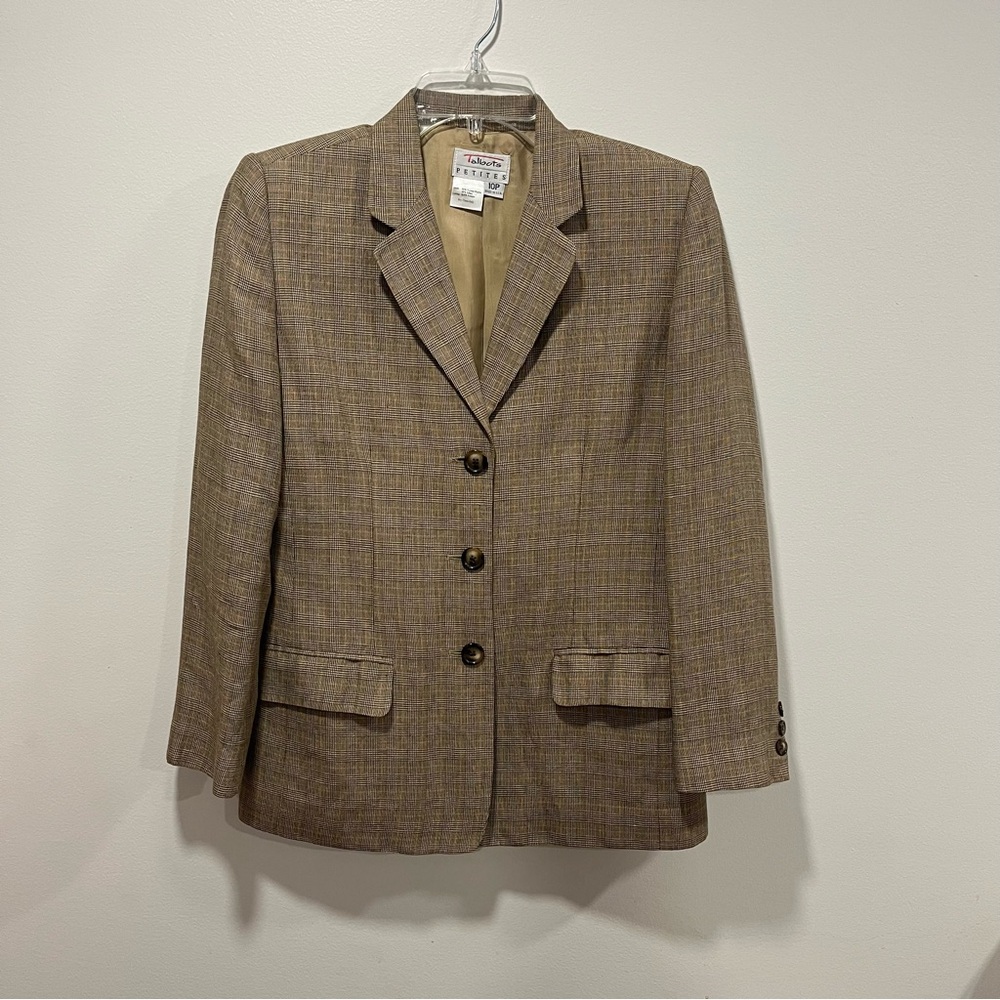Talbots Petites Brown Houndstooth Linen/Rayon Blazer, Women's Size 10P, Neutral